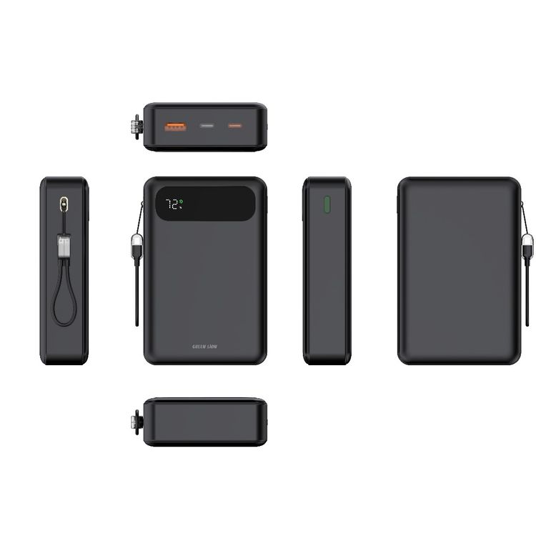 باور بانك جرين ليون توليدو بقوة 10000 مللي أمبير PD 20W مع حزام كابل من USB-C إلى USB-C، ومخرجات USB-A وUSB-C، معتمد للطيران، بشاشة رقمية وشحن سريع - أسود