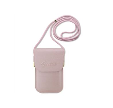 Guess Universal Saffiano Phone Pouch with Embossed Logo, Card Slot, Adjustable Shoulder Strap, Lightweight & Easy to Carry - Pink