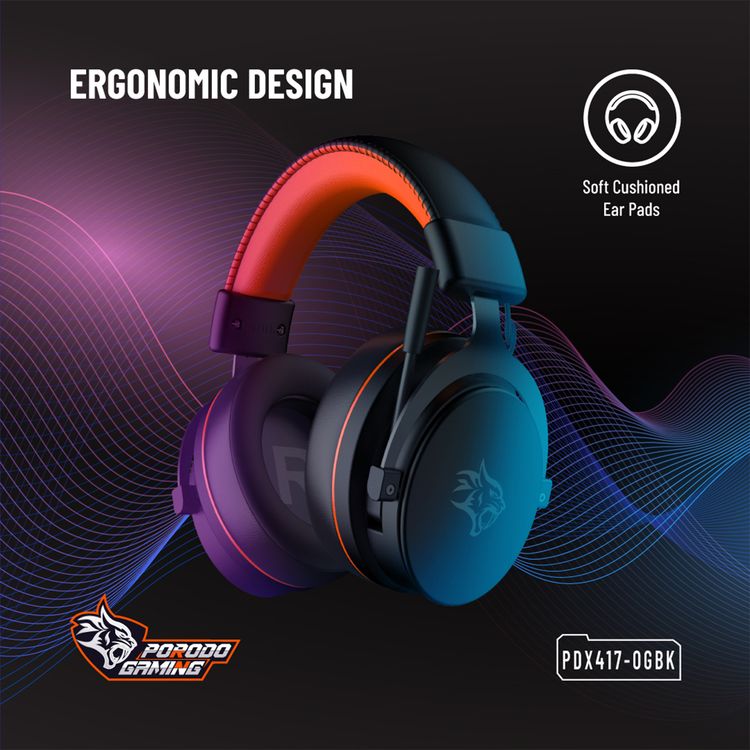 Porodo Gaming 7.1 Surround Gaming Headset with Soft Breathable Ear Pads, Noise Cancelling Microphone, 50mm Driver Size, Convenient Mic Design, 1.5m Cable Length, RGB Lights - Black