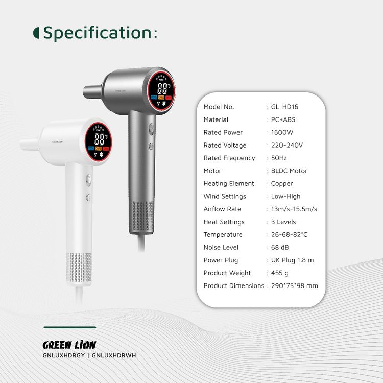 Green Lion LUXAIR Hair Dryer with 1600W Rated Power, 3 Heat Settings, Magnetic Nozzle, Digital Display, Thermostat Control, 2 Wind Speeds - White 