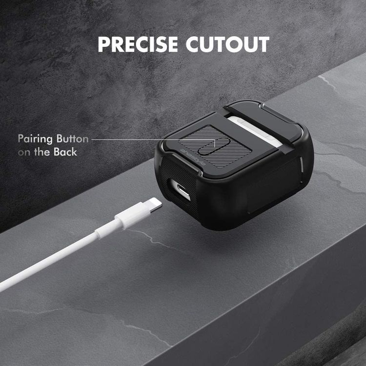 AhaStyle Rugged Armor Premium TPU Case with Anti-Lost Carabiner Compatible for AirPods 1/2, Hard-Shell Protective Cover, Scratch Resistant, Shock Absorption, Drop Protection, & Dustproof Protective Silicone Cover Supports Wireless Charging - Black