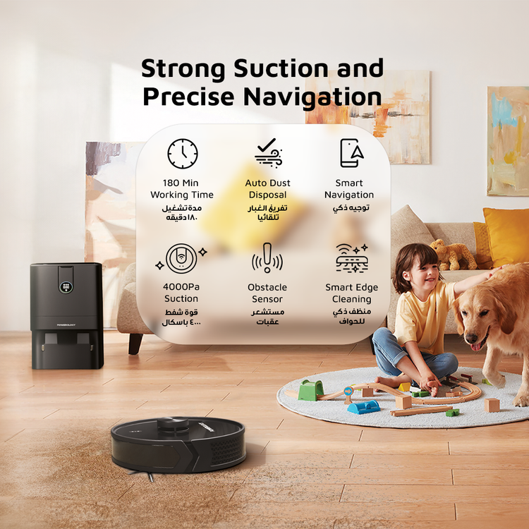 Powerology Smart Station Robot Vacuum & Mop, Smart Navigation , Brushless Motor , Suction Power, Powerful Motor & Suction - Black