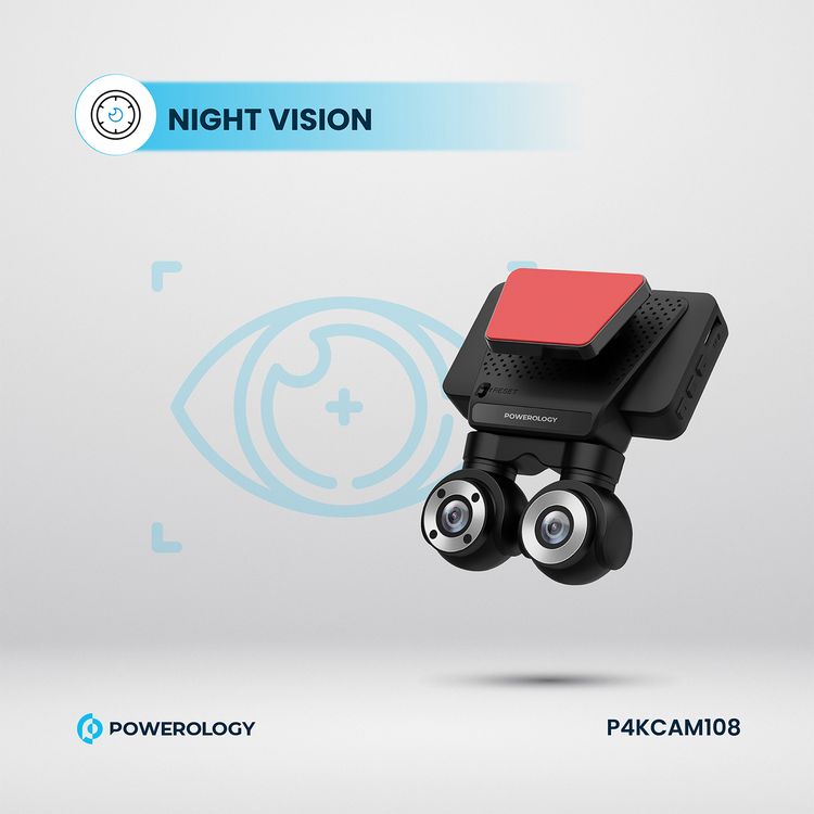 Powerology Dual Lens Dash Camera with Collison Detection, Night Vision, 4K Resolution, Parking Monitor, FHD Inside Recording, 3" Touch Display, 140° Front Camera Angle - Black