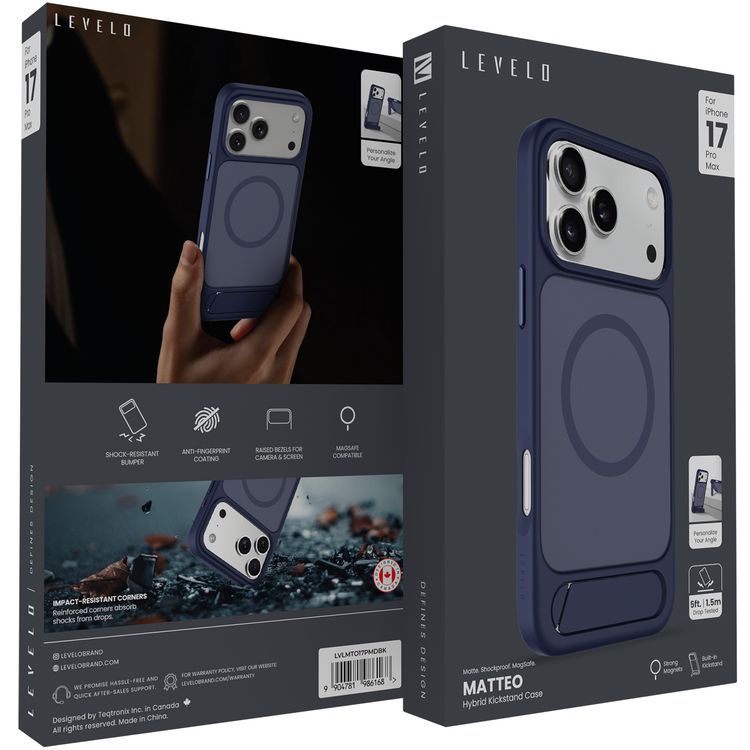 Levelo Matteo Hybrid Kickstand Case with Matte Design for iPhone 17 Pro Max, Anti-Fingerprint Coating, Impact-Resistant Corners, Raised Bezels for Camera & Screen, MagSafe Compatible, Shock-Resistant Bumper, Drop-Tested - Dark Blue