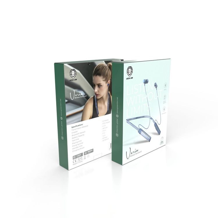 Green Lion Veria Wireless Neckband Earphones with Control Buttons, Up to 17 Hours Play Time & Up to 17.5 Hours Talk Time, 65 Days Standby, FTD Chipset, Built-in Microphone, 12m Transmission Range - Blue