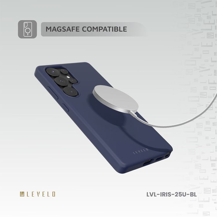 جراب Levelo Iris لهاتف Samsung Galaxy S25 Ultra متوافق مع MagSafe، مصنوع من مادة السيليكون السائل الممتازة، وزوايا مقاومة للصدمات، وحلقة كاميرا معدنية، ومغناطيس MagSafe قوي - أزرق