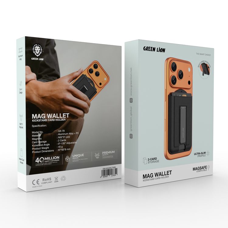 Green Lion Mag Wallet Kickstand Card Holder with 2-Card Storage, Ultra-Slim Profile, Aluminum Alloy, 2-in-1 Design, 21× Strong N52 Magnets, Instant Card Access, MagSafe Compatibility, Multi-View Kickstand - Black