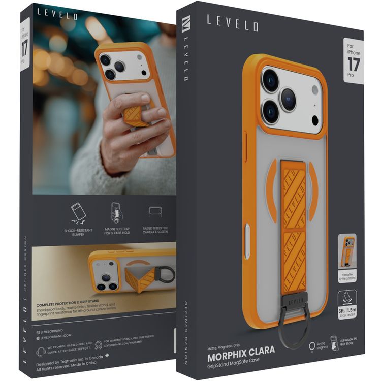 غطاء ليفيلو مورفيكس كلارا جريب ستاند ماغ سيف لجهاز آيفون 17 برو، حواف مرتفعة للكاميرا والشاشة، مغناطيسات قوية، جسم مقاوم للصدمات وتشطيب غير لامع، حامل حلقة D مرن، مقاومة لبصمات الأصابع - برتقالي شروق الشمس