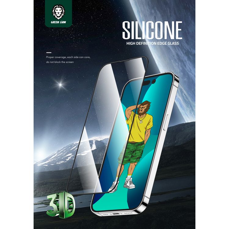 زجاج Green Lion 3D Silicone Plus عالي الدقة لهاتف iPhone 14، عالي الاستجابة، مضاد للخدش، مضاد لبصمات الأصابع، شفاف للغاية، مقاوم للشحوم