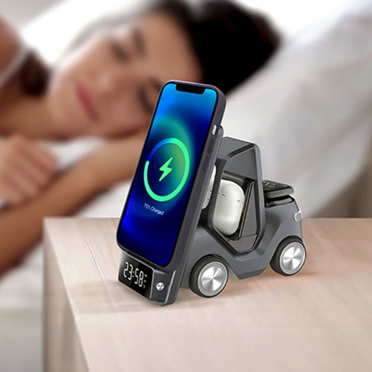 Green Lion Forklift 5-in-1 Wireless Charger with Night Light Function, 15W Phone Output, Fast Charging, Digital Clock Display, 2.5W Watch Output, 5W AirPods Output - Black