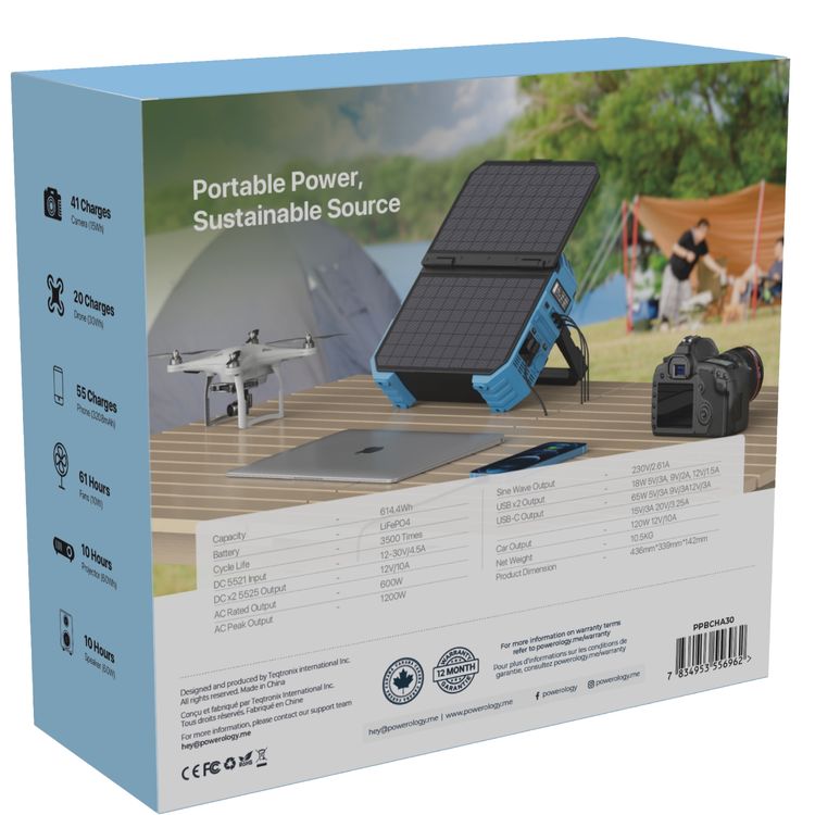 Powerology 600W 192000mAh Portable Generator Integrated Solar Panel, PD 65W, Solar Panel 30W, 18W QC 3.0 - Blue