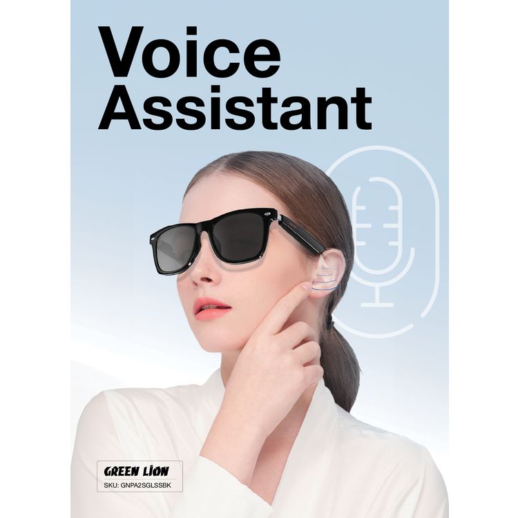 Green Lion Paris 2 Smart Glass with 4-6 Hours Working Time, Bluetooth Version 5.3, 80mAh Battery Capacity, 15m Bluetooth Range, 180 Hours Standby Time, Magnetic Charger, 1.5 Hours Charging Time, Built-in Microphone, UVA & UVB Protection, Touch Control - Black