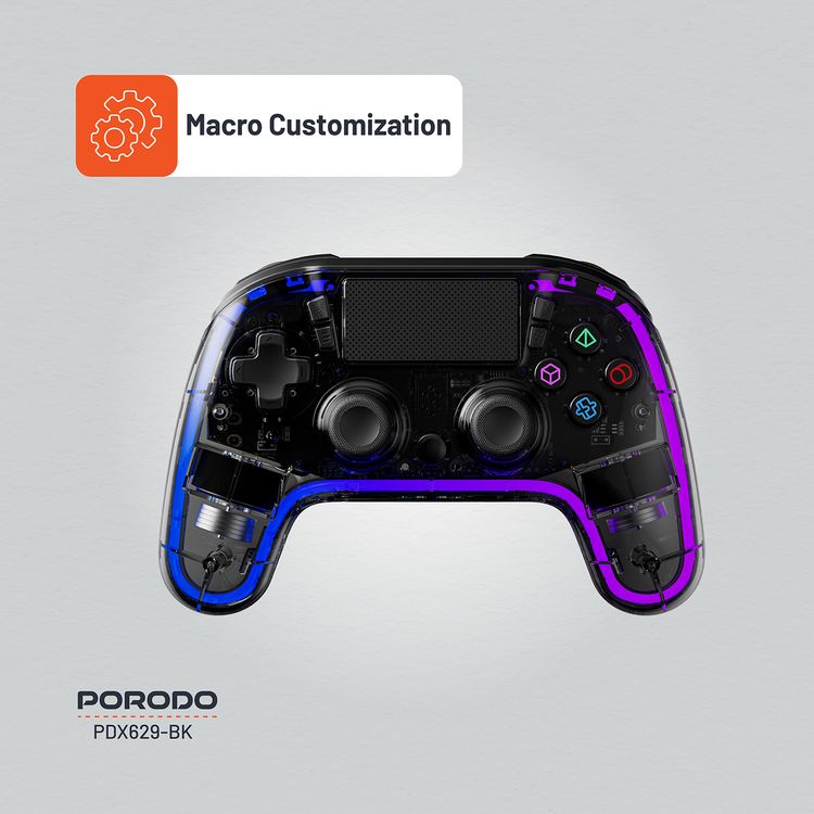 وحدة تحكم شفافة من Porodo Gaming PS4، PS4، PS3، PC (مدخل D، مدخل X)، متوافقة مع iOS وAndroid، مقبس صوت TRRS مقاس 3.5 مم، منفذ شحن من النوع C، وقت عمل من 6 إلى 16 ساعة - أسود
