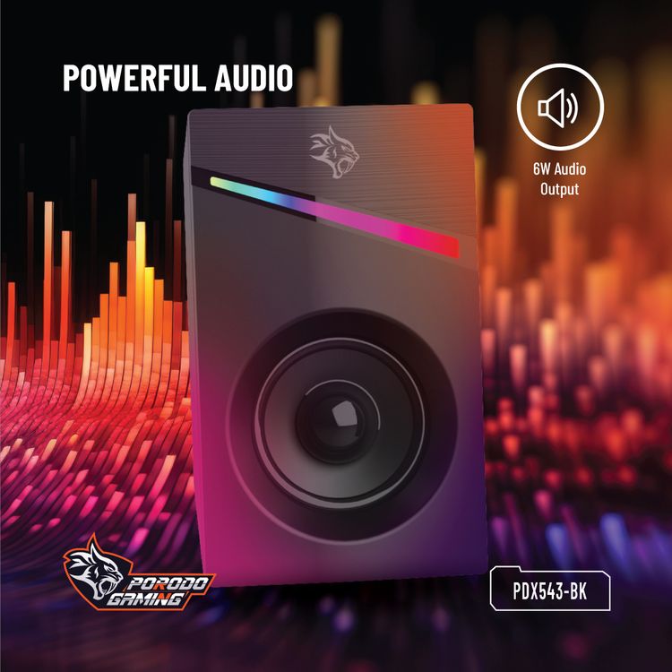  Porodo Gaming Stereo Speakers with Volume Knob Control, Broad Compatibility, Plug & Play, 6W Audio Output, 3.5mm  Audio Interface, 7 Colors Rainbow Lighting - Black