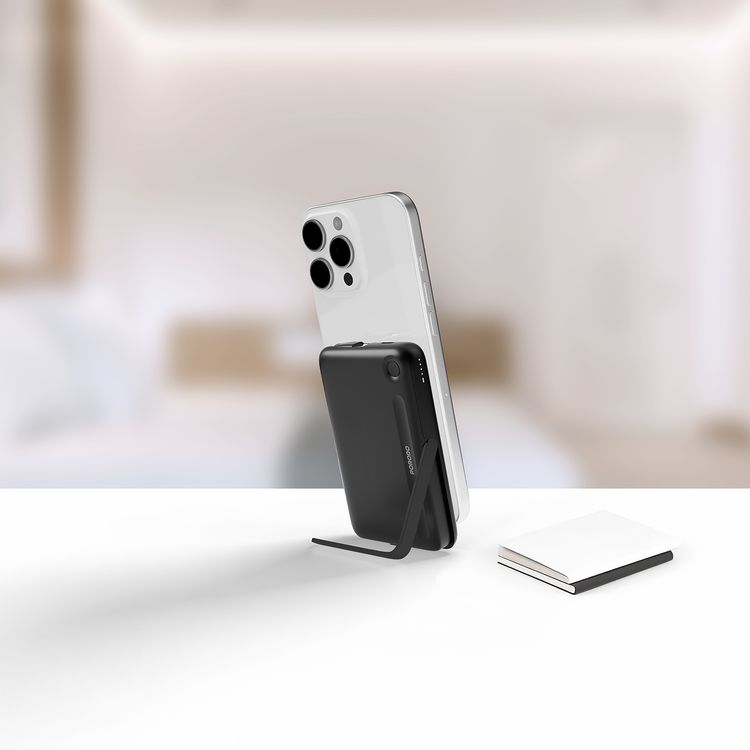 Porodo 10000mAh Power Bank with Built-in Type-C Cable & Stand, Strong Magnetic Hold, 20W Power Delivery, Fast Charging Support, 15W Wireless Output - Black