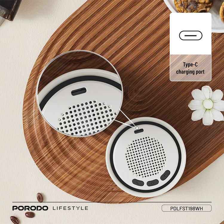 Porodo Fluxmix 350mL Stirring Cup with Speaker, LED Temperature Display, 200 Cycles Blender Battery Life, 2 Hours Speaker Battery Life, 5W Speaker Power, Bluetooth Version 5.3, 155mAh Blender Battery Capacity, 600mAh Speaker Battery Capacity, Touch Control, 304 Stainless Steel Material - White