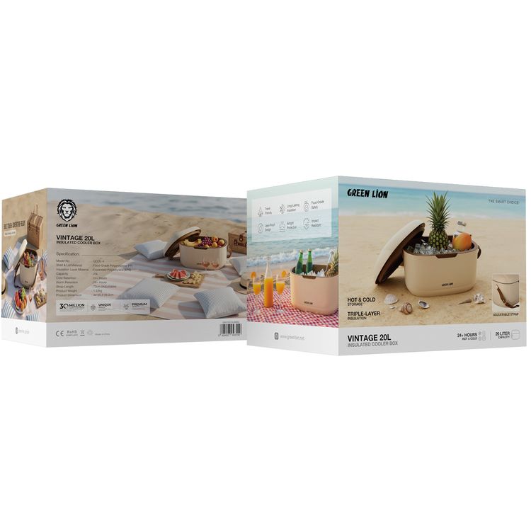 Green Lion Vintage Insulated Cooler Box 20L with Leak-Proof Design, Food-Grade Safety, Triple-Layer Insulation, Hot and Cold Storage, Adjustable Strap, Airtight Protection, Impact Resistant, Travel Friendly, Long-Lasting Insulation - Beige