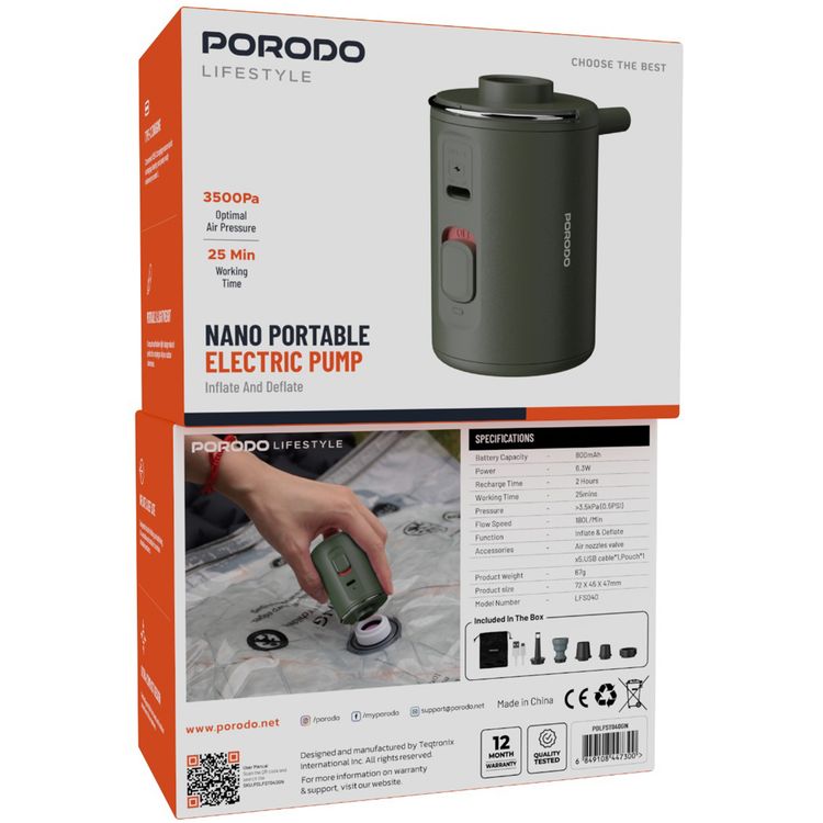 Porodo Lifestyle Camping Inflate and Deflate Air Pump, Type-C Charging Port, Portable & Lightweight, 800mAh Battery, 25 Minutes Working Time, 2 Hours Recharge Time - Green