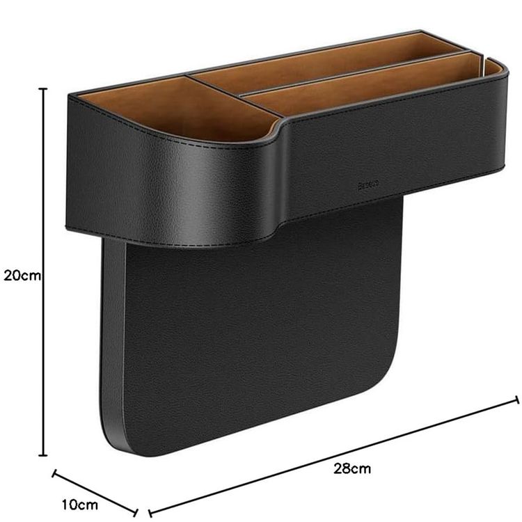 Baseus Elegant Car Storage Box with 3 Compartments, Built-in Cup Holder, Dedicated Slot for Cables, Faux Leather with Flannel Lining, Polished Finish - Black / Brown 
