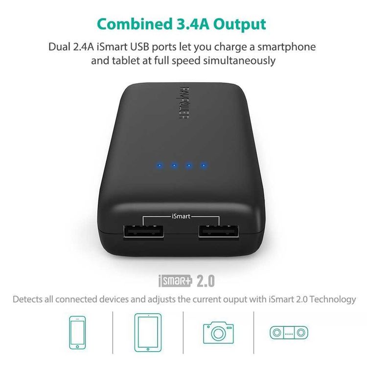 RAVPower External Battery Pack - Small Power Bank 12000mAh - Fast Charging Portable Charger Powerbank with Fire-Retardant Shell & 10 Layer Protection - Travel-friendly - Black