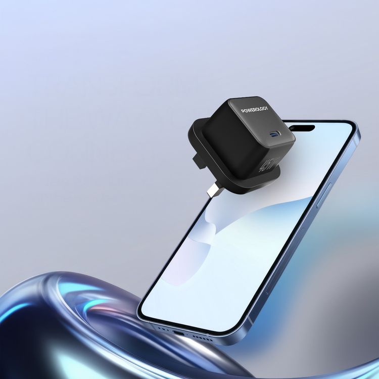 Powerology QX 45W Pocket-Sized GaN Adapter with Safety Protections, USB-C Port, Ultra-Compact Design, UK 3-Pin Plug, PD 45W - Black / Gray