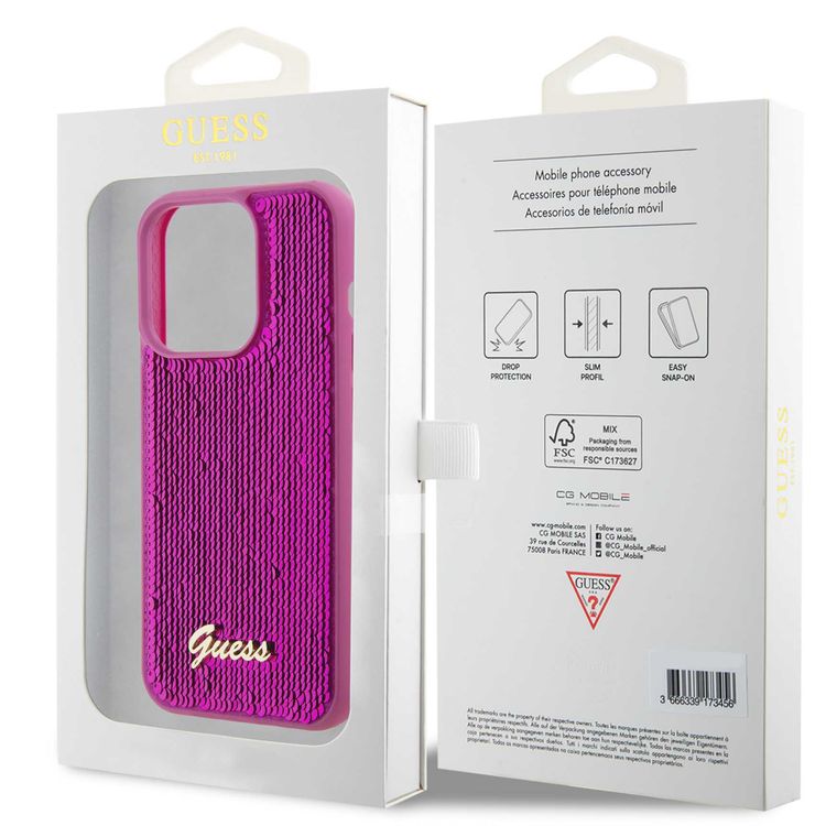 حافظة Guess Sequin Script مع شعار Guess Metal - فوشيا - iPhone 15 Pro