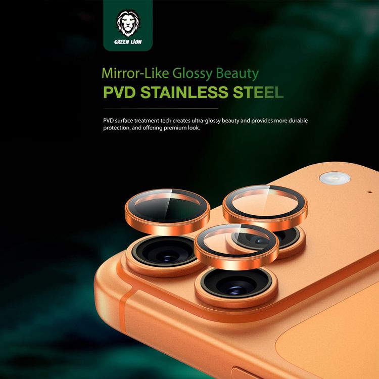 Green Lion Sapphire Camera Lens Protector for iPhone 17 Pro / 17 Pro Max, Full Coverage, PVD Technology, High Transparency, Military-Grade Glossy Shield - Orange Titanium