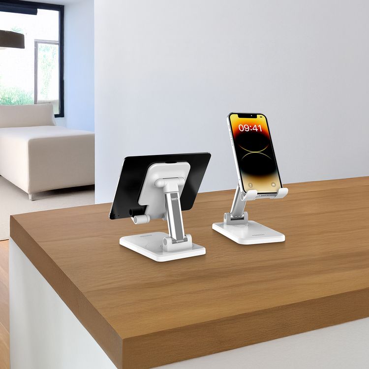 Porodo Desktop Phone & Tablet Stand with Adjustable Telescopic Rod, Up to 12.9-inch Compatibility, 360° Rotating Base, 350g Maximum Load, Anti-Slip Base, ABS & Silicone Materials - White