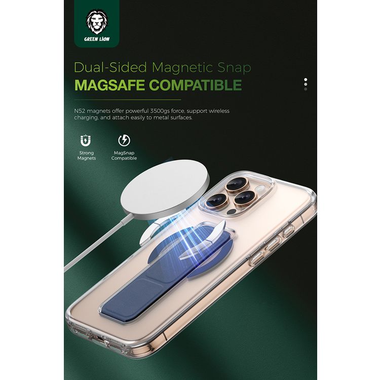 Green Lion MagSafe Leather Grip For iPhone 16 Pro, Crystal Clear, Foldable Stand, Dual-Sided Magnetic Snap, Military Grade Protection, Scratch Resistance - Dark Blue