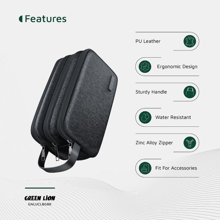 Green Lion Lucid Clutch Bag, 3 Compartments, Mesh Pockets, Sturdy Handle, Microfiber Interior, Water-Resistant PU Leather Exterior, Zinc Alloy Zipper - Black 