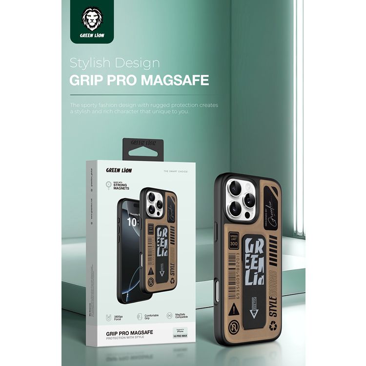 Green Lion Grip Pro MagSafe Case for iPhone 16 Pro, Foldable Leather Grip, 3800gs Force, Drop Protection & Shock Absorption, Anti Scratch - Desert Titanium