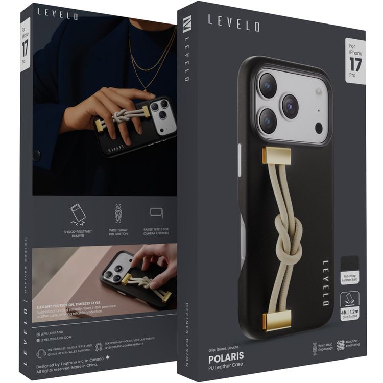 Levelo Polaris PU Leather Case with Wrist-Strap Grip for iPhone 17 Pro, Microfiber Inner Lining, Raised Bezels for Camera & Screen, Shock-Resistant Bumper, Drop-Tested - Black