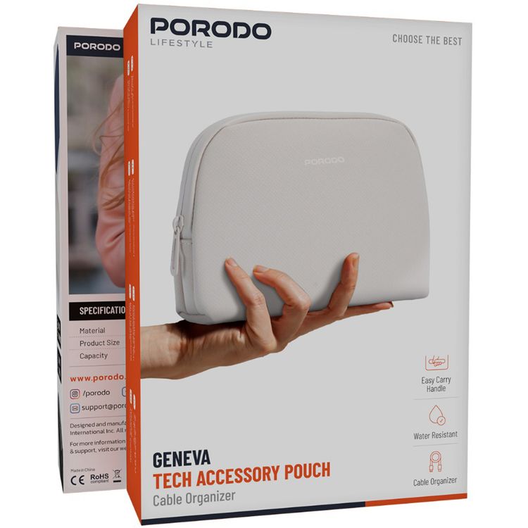Porodo Geneva Tech Accessory Pouch with Easy-to-Carry Handle, 1L Capacity, PU Material, Zipper Closure, Water Resistant, Spacious Compartment, Cable Organizer - Beige