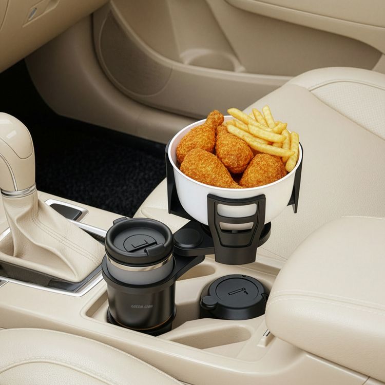 Green Lion Drive Flex 2-in-1 Cup Holder with 360° Free Rotation, Universal Car Fit, Adjustable Side Arms, Durable Construction, Easy to Clean, Expandable Food Tray, Easy Installation, 1kg Maximum Load Capacity - Black