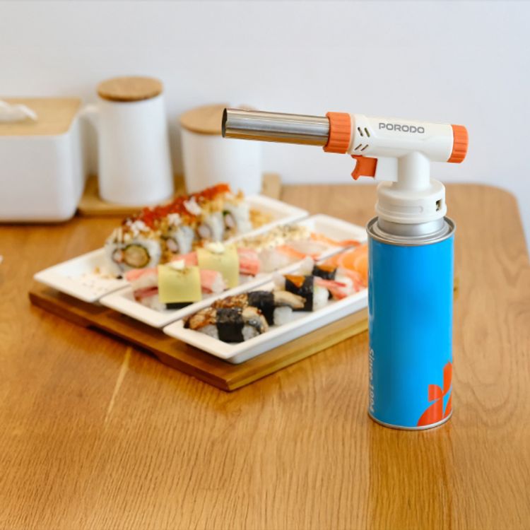 Porodo Dual-Mode Butane Gas Torch with Piezo Ignition, 1.3kW Max Heat Input, 0.27mm Injector Size, 2 Adjustable Flame Modes, 1500°C Maximum Temperature, 110g/h Gas Consumption - Cream White / Orange