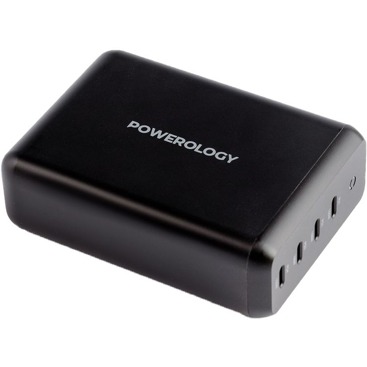 Powerology 165W GaN Desktop Charger with 4 USB-C PD Ports, Overload Protection, 100W Power Delivery, UK 3-pin Plug, 0%-60% Charge in 35 Minutes - Black