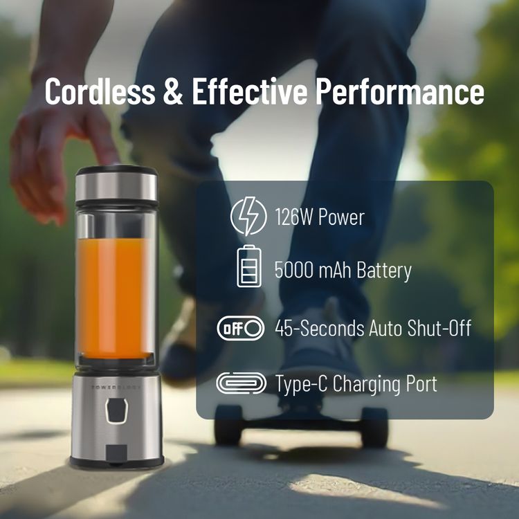 Powerology 6-Blade Portable Juicer with 450ml Capacity, Safety Switch, 126W Motor, Glass Container, USB-C Charging Port, 16500 RPM Speed, Ice Crusher, Stainless Steel Blades - Silver