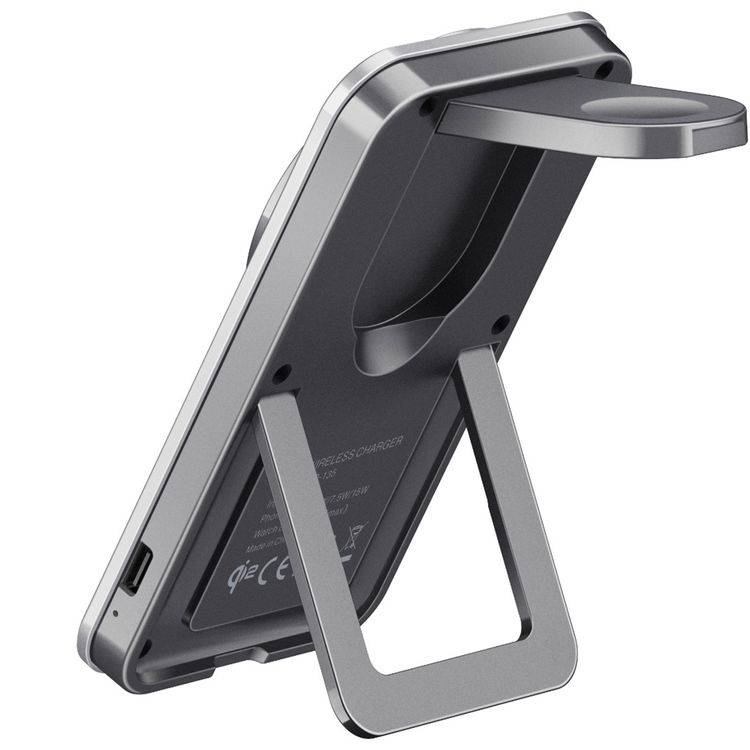 Green Lion Magstand Duo Wireless Charger with Built-in Kickstand, USB-C Input Port, 15W Fast Charging, Multi-Device Charging, Qi2 Standard, Foldable & Ultra-Slim Design - Gray
