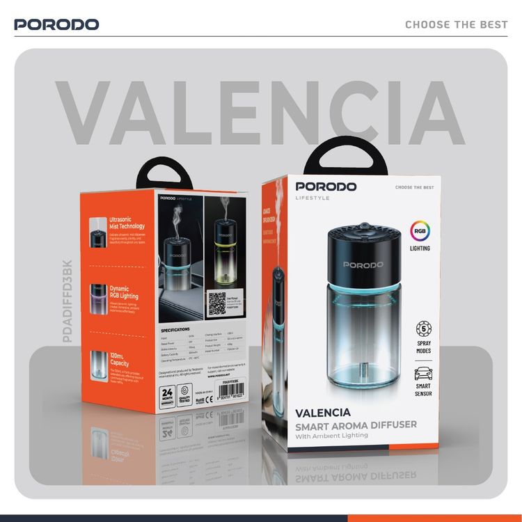 Porodo Valencia Smart Aroma Diffuse with Ambient Lighting, 120mL Bottle Capacity, 300mAh Battery Capacity, Type-C Charging Port, Smart Sensor, 5 Spray Modes - Black