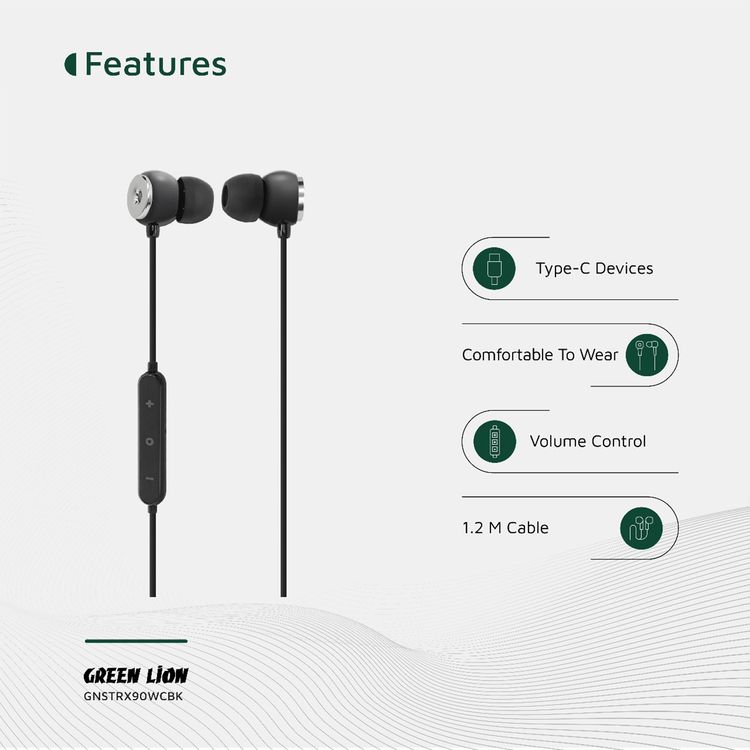 Green Lion Stereo X90 Type-C Wired Earphones with Built-in Microphone, 1.2m Cable Length, Voice Assistant, Hands-Free Calling, 10mm Speaker, Volume Control - Black