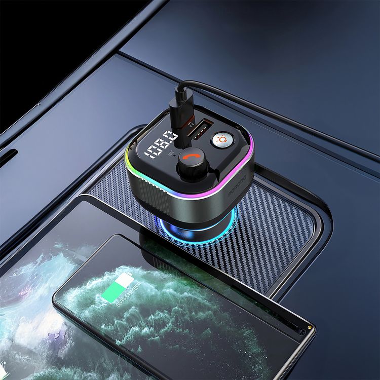 Porodo Audio Boost Bluetooth FM Transmitter Quick-Charge Car Charger with 65W PD, USB-A & USB-C Outputs, USB Flash, 80cm Retractable Type-C Cable, 87.5-107.8 FM Frequency, LED Ambient Lighting, Universal Compatibility - Dark Gray