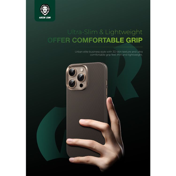 Green Lion Magsafe Kevlar Case for iPhone 16 Pro, Drop Protection, Comfortable Grip, Military Grade Defense, Ultra Slim & Lightweight - Black / Gold