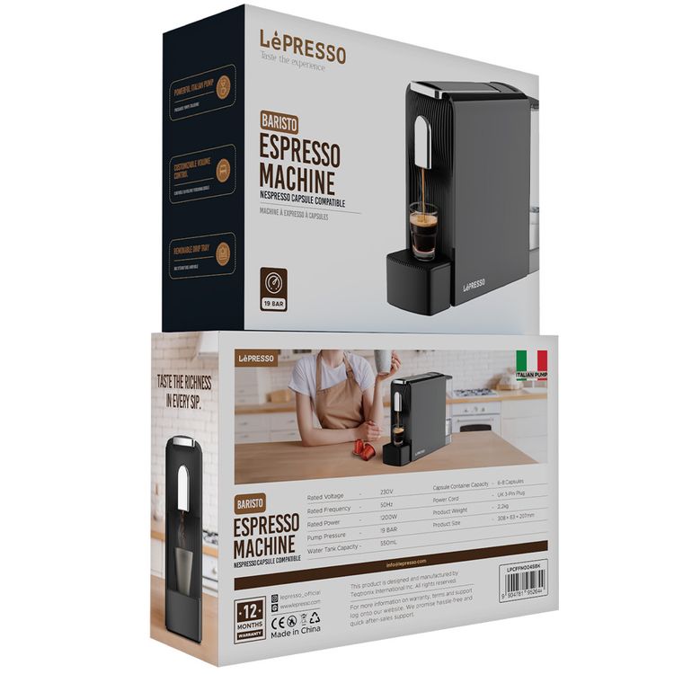 LePresso Baristo Espresso Machine with Powerful Italian Pump, 550mL Water Tank Capacity, 1200W Rated Power, Customizable Volume Control, Removable Drip Tray, Compatible with Nespresso Capsules - Black