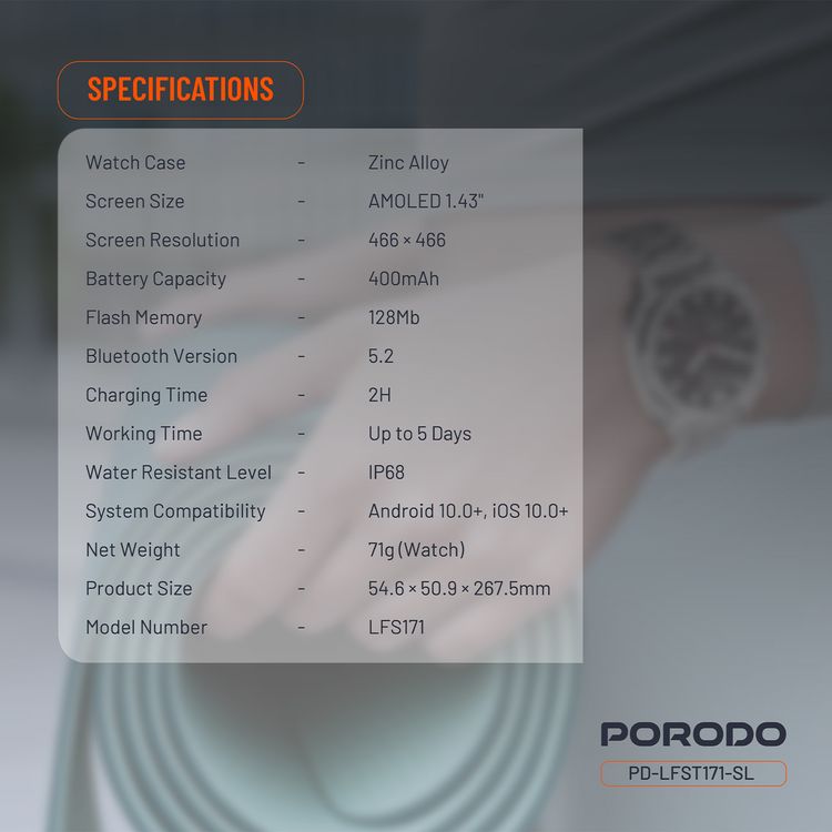 Porodo Chrono Steel Smartwatch with 1.43-inch AMOLED Display, 466 x 466 pixels Resolution, Up to 5 Days Working Time, 400mAh Battery Capacity, 128MB Flash Memory, Bluetooth Version 5.2, IP68 Water Resistance Level - Silver