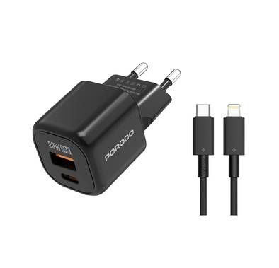 Porodo Dual-Port Wall Charger with Type-C to Lightning In...