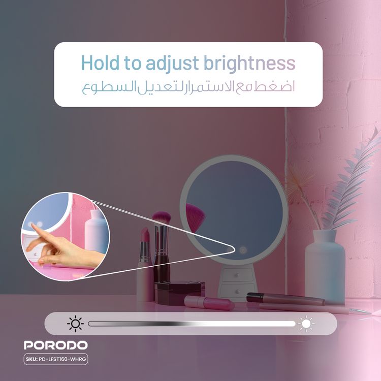 Porodo Vanity Makeup LED Illuminated Mirror with Built-in Dual Storage Drawer, Up to 13 Hours Working Time, 2000mAh Battery, Smart One-Touch Control, Yellow, Natural & White Lights, Brightness Memory Function - White / Rose Gold