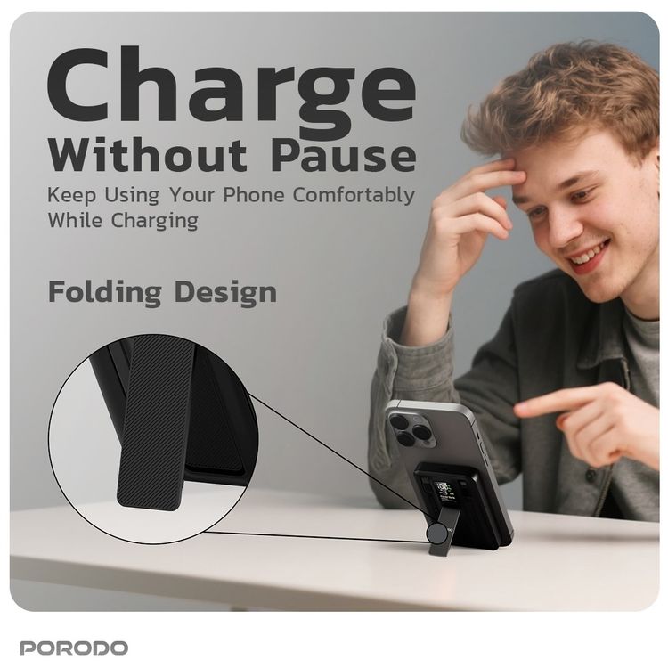 بورودو بنك طاقة لاسلكي مغناطيسي بسعة 10000 مللي أمبير مع حامل كابل مدمج USB-C + Lightning، شحن متزامن، عرض رقمي، PD 22.5W - أسود