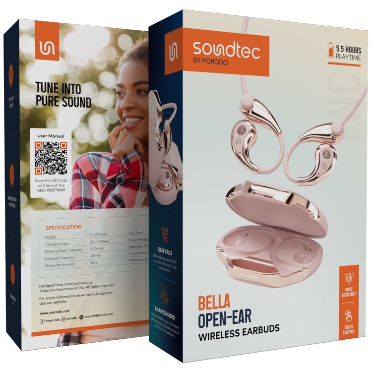 Porodo Soundtec Bella Open-Ear Wireless Earbuds with Clip-On Design, Up to 1 Hour Charging Time, 5.5 Hours Play Time, Bluetooth Version 5.4, 10m Transmission Range, Ergonomic Fit, Touch Control - Pink