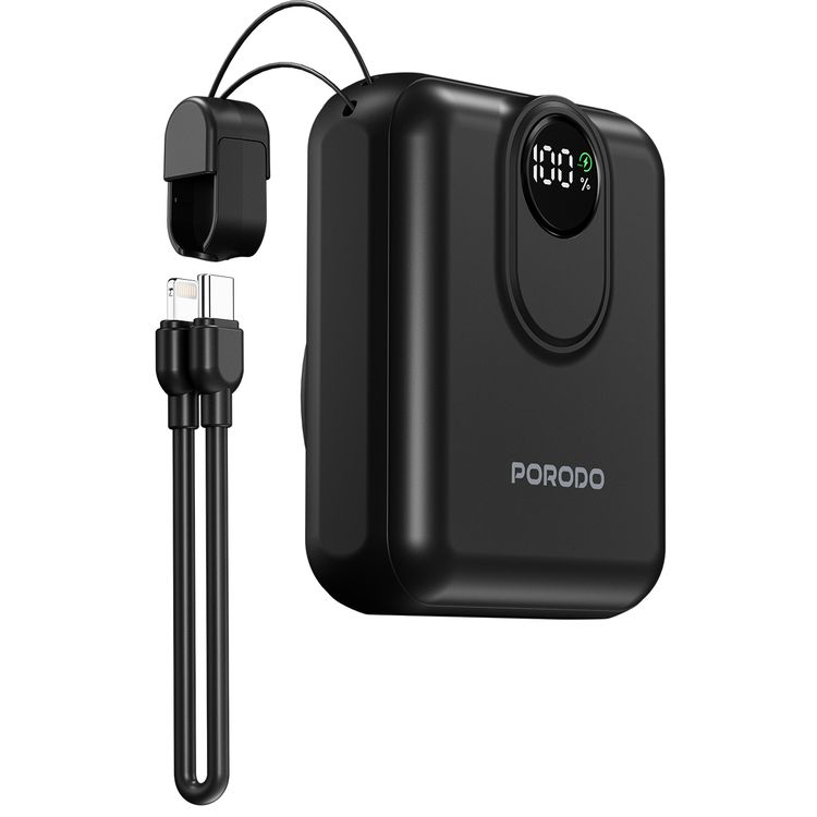 Porodo 10000mAh MagSafe Power Bank with Detachable USB-C to Lightning Cable, 22.5W Power Delivery, Digital Battery Indicator, 15W Maximum Wireless Output - Black