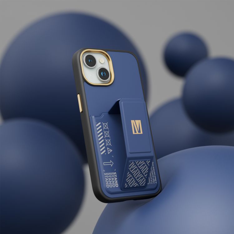 جراب Levelo Morphix Cuero Gripstand لهاتف iPhone 15 مع حامل بطاقات، أوضاع متعددة، مادة جلد البولي يوريثان، حواف مقاومة للصدمات - أزرق